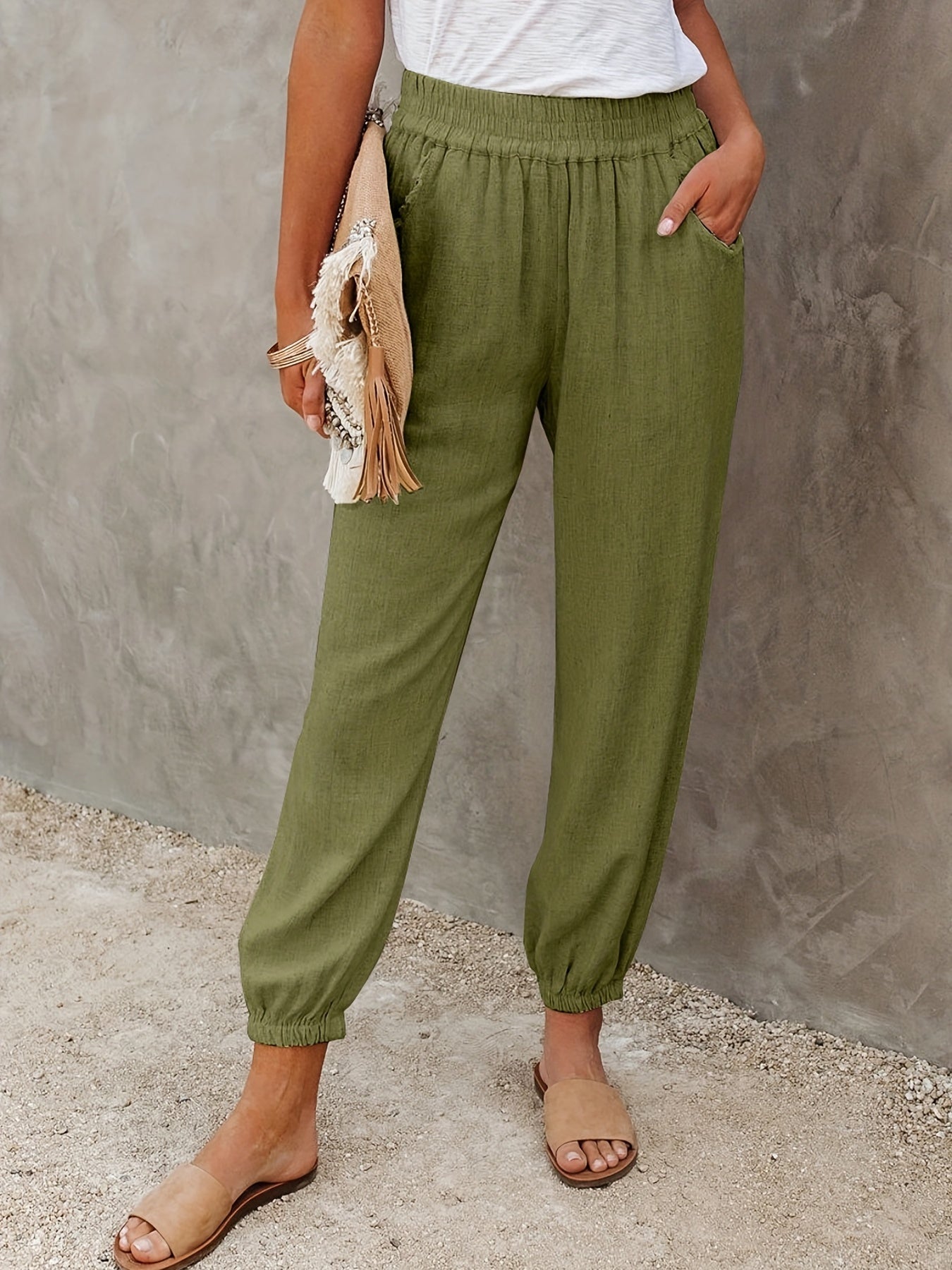 Ruched Pants Elastic High Waist Cropped Pants With Pockets