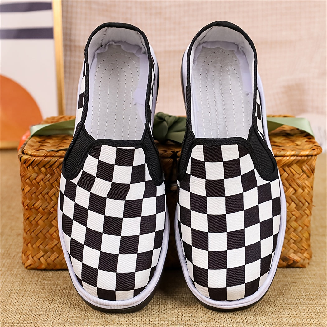 Women's Checker Pattern Canvas Shoes Slip On Flat Loafers