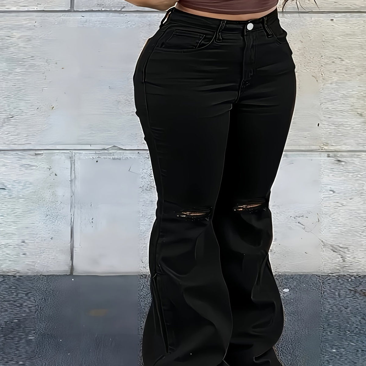  Flared Leg Stretch Washed Denim Pants