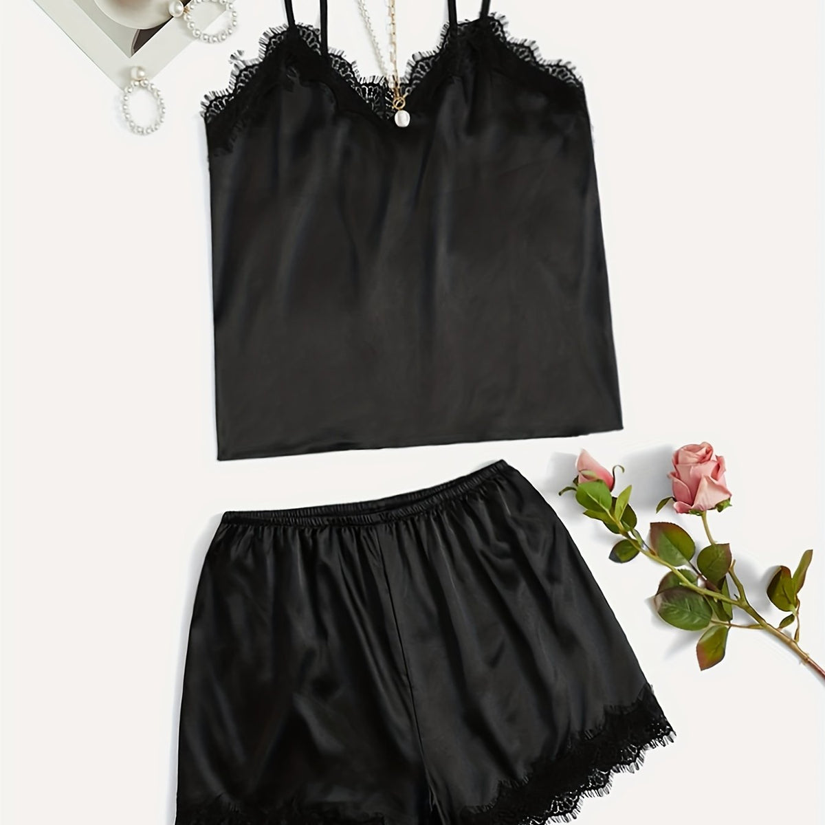 Lace Trim Pajama Set V Neck Cami Top & Shorts