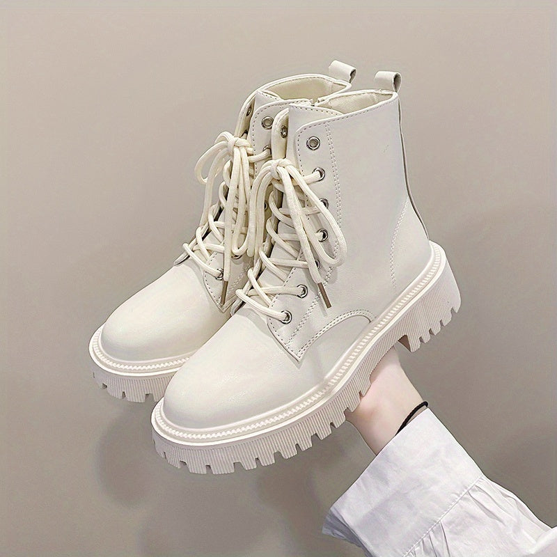 Women's Solid Lace Up Round Toe Zipper Platform Boots