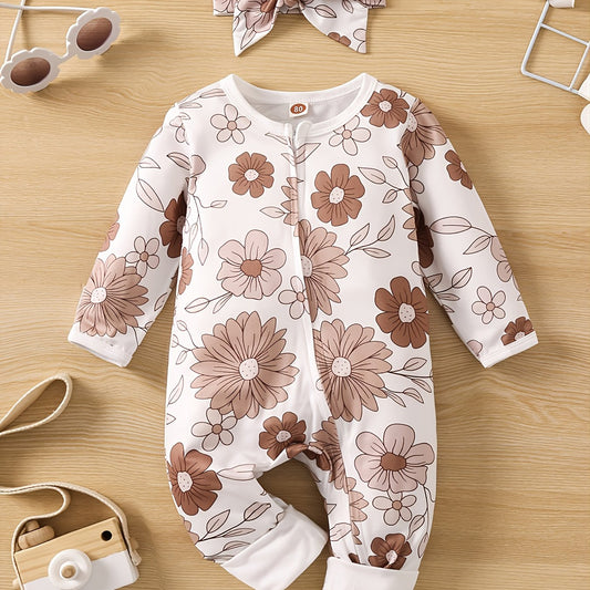 Baby Girls Floral Printed Long Sleeve Romper with Headband