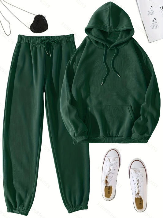  Hoodie & Joggers Set Solid Long Sleeve Drawstring