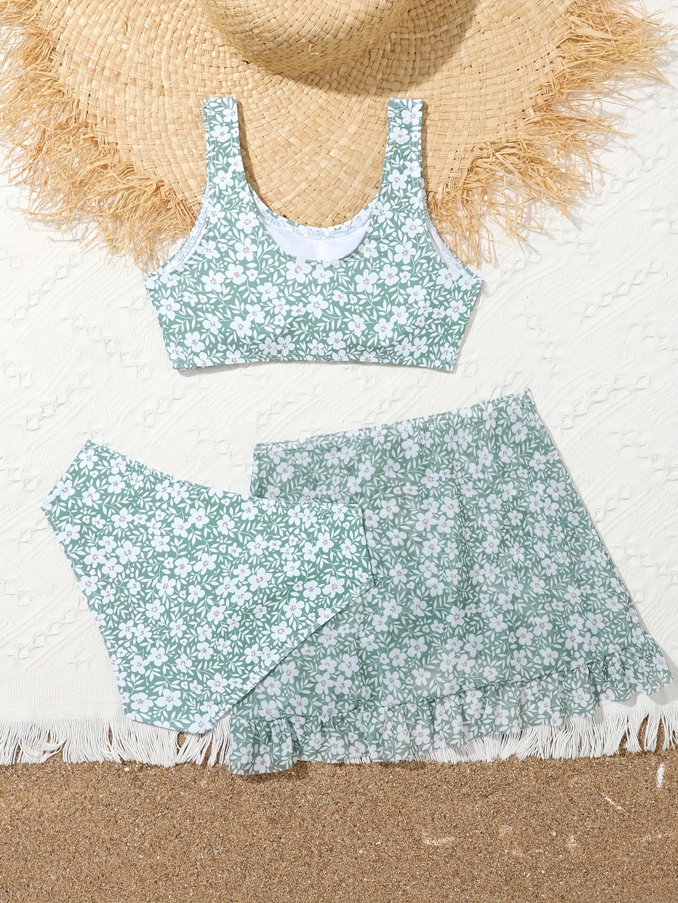 Girls Floral Split Bikini Swimsuit Set Sleeveless Top & Bottoms & Cover Up Skirt
