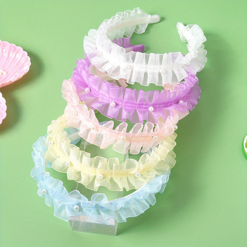 5pcs Sweet Headband Ruffled Hair Band Faux Pearl Decor Head Hoop