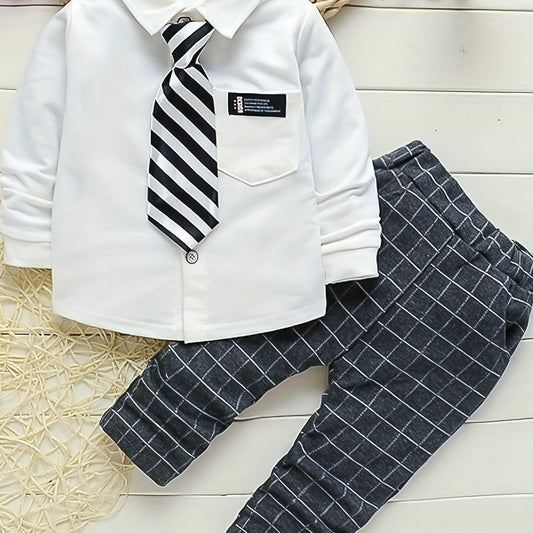 Boys Gentleman Shirt Suit Button Lapel Long Sleeve Shirt Tie Plaid Pants Set