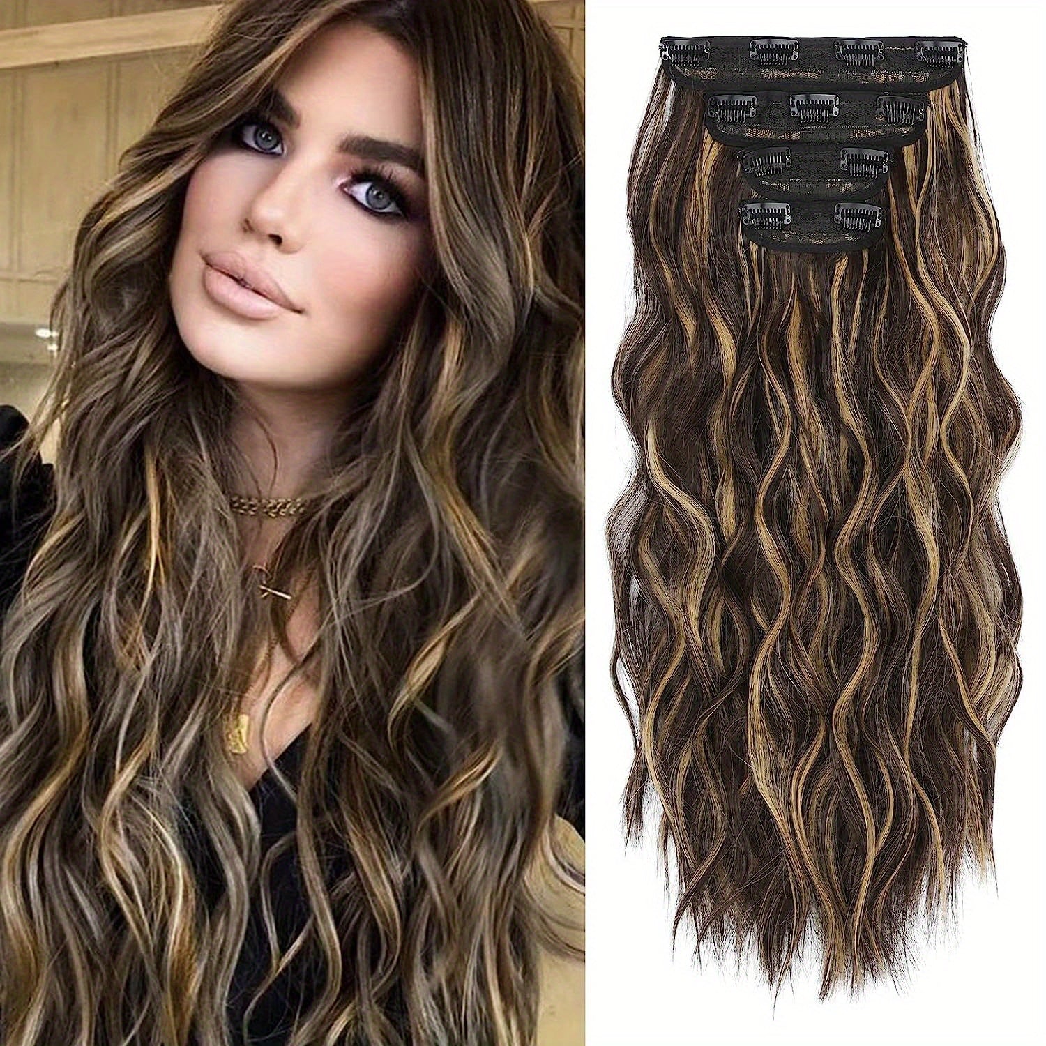 4pcs Dark Blonde Light Blonde Ends Clip In Hair Extensions Soft Synthetic