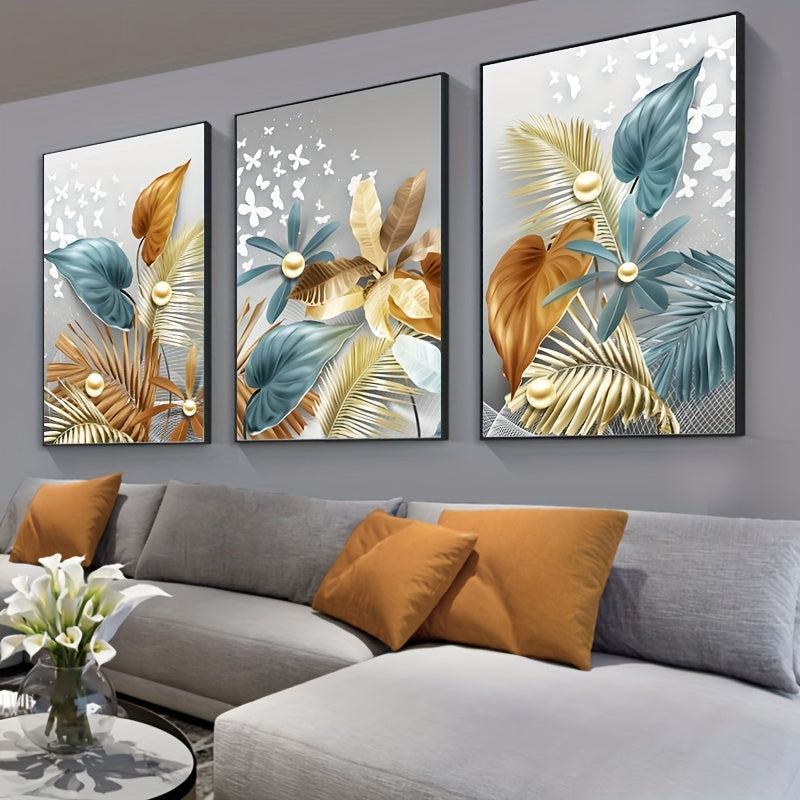 3pcs Butterfly Golden Leaves Canvas Wall Art