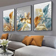 3pcs Butterfly Golden Leaves Canvas Wall Art