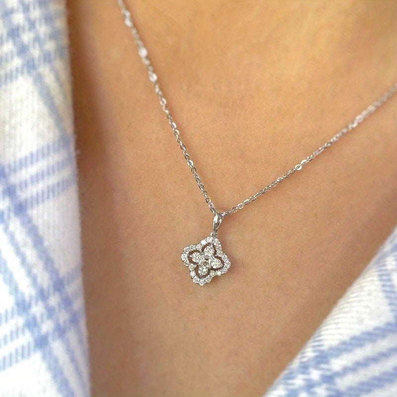 Four Leaf Clover Crystal Pendant Necklace 925 Silver Plated Clavicle Necklace
