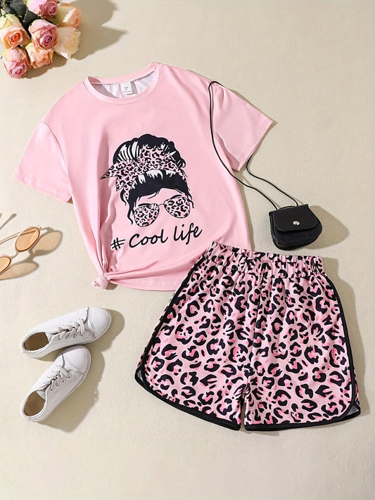 2pcs Toddler Girls Figure & Letter T-Shirts & Leopard Shorts Set