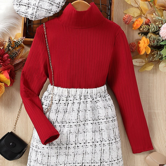 Girl's Ribbed Turtleneck Top & Tweed Skirt Set