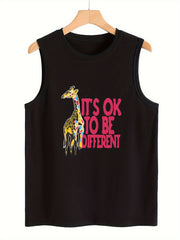 Giraffe & Letter Print Sleeveless Sports Vest Round Neck Stretchy