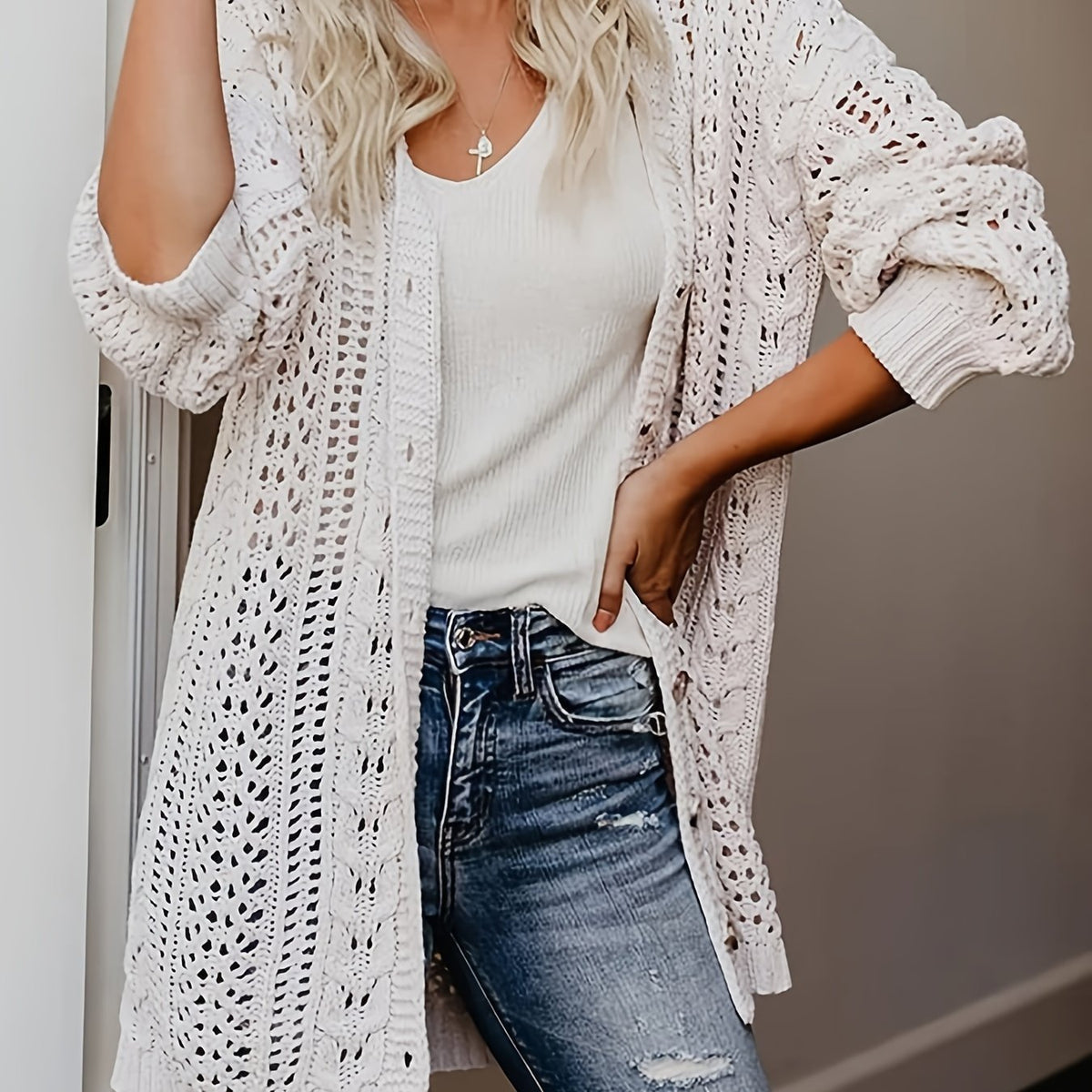  Casual Cardigan Solid Hollow Out Long Sleeve Button Up