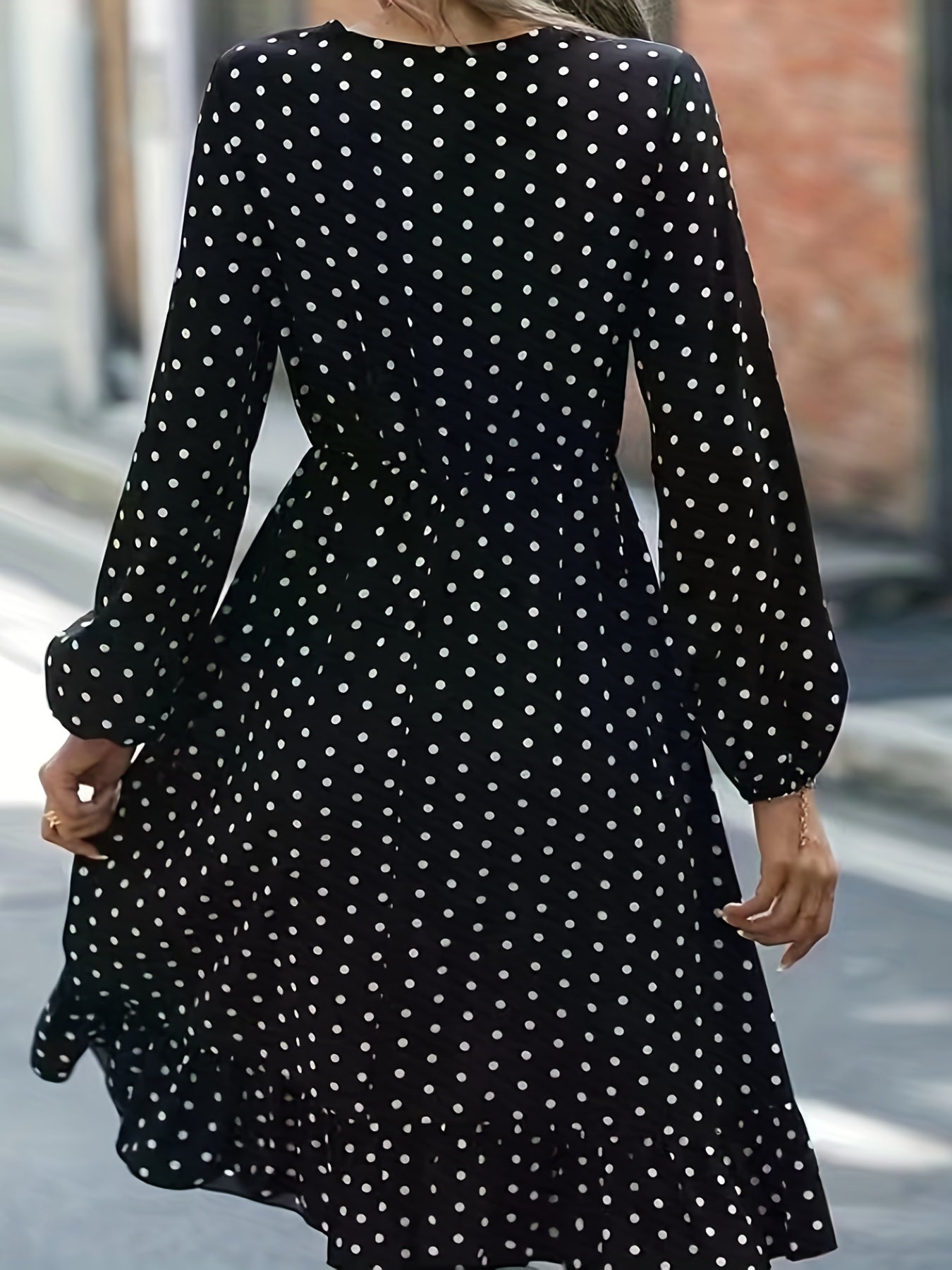  Polka Dot Print Lantern Sleeve V Neck Ruffle Trim Midi Dress