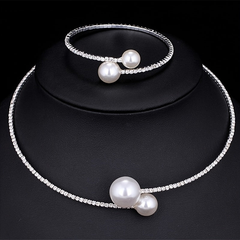 Rhinestone Faux Pearl Collar Necklace & Bracelet Set