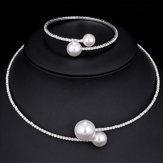 Rhinestone Faux Pearl Collar Necklace & Bracelet Set