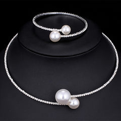 Rhinestone Faux Pearl Collar Necklace & Bracelet Set