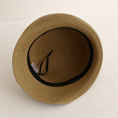 Rolled Brim Straw Fedora Sun Hat Unisex Jazz Cap Solid Color Summer Beach Hats