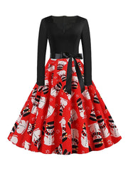  Colorblock Snowman Print Long Sleeve V Neck Dress