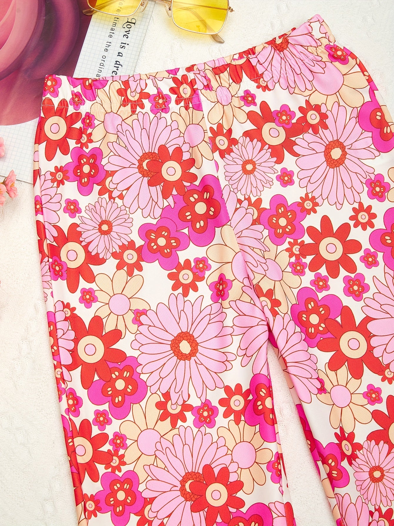 Girls Floral Flared Pants Elastic Waist Slim Fit Casual Bell Bottom