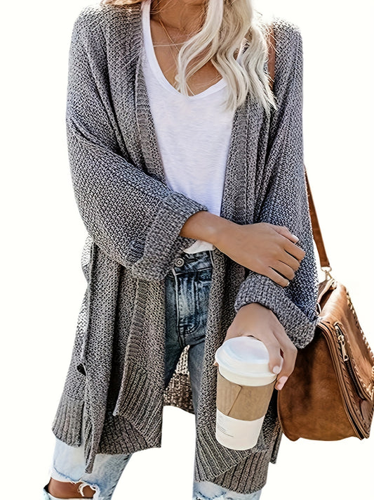  Solid Long Sleeve Open Front Split Sweater Cardigan