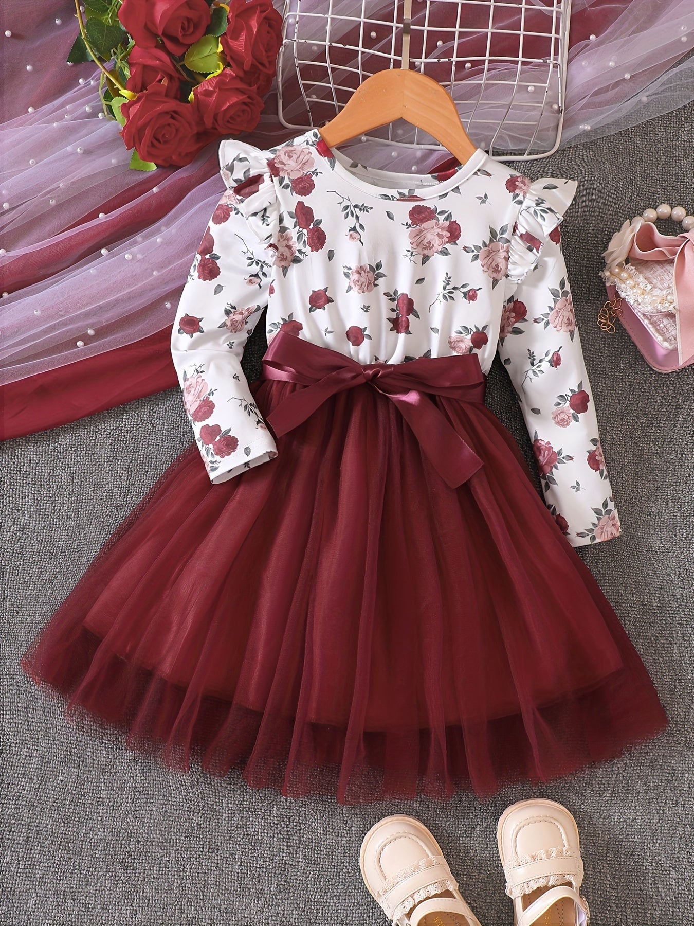 Toddler Girls Flowers Graphic Mesh Princess Dress with Belt