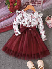 Toddler Girls Flowers Graphic Mesh Princess Dress with Belt