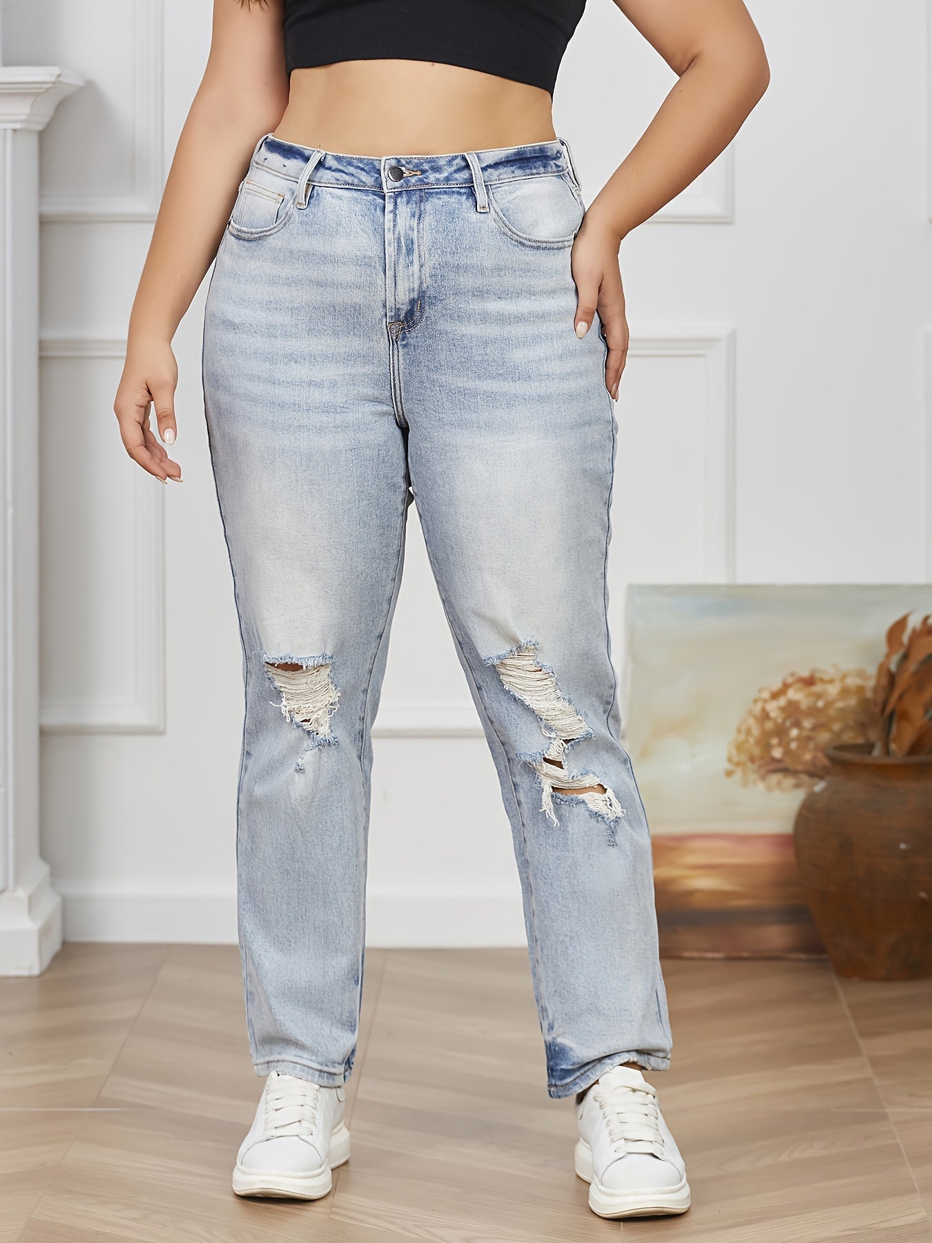  Solid Ripped Button Fly High Rise Stretch Straight Leg Jeans