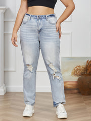  Solid Ripped Button Fly High Rise Stretch Straight Leg Jeans