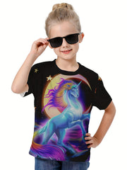 Moon & Unicorn 3D Graphic Tee for Girls - Summer Sports