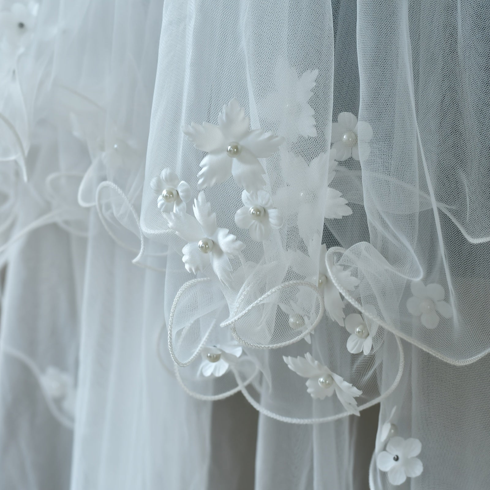 Floral Bridal Veil Double Layer Sheer Nylon Garden Wedding Romantic Accessory