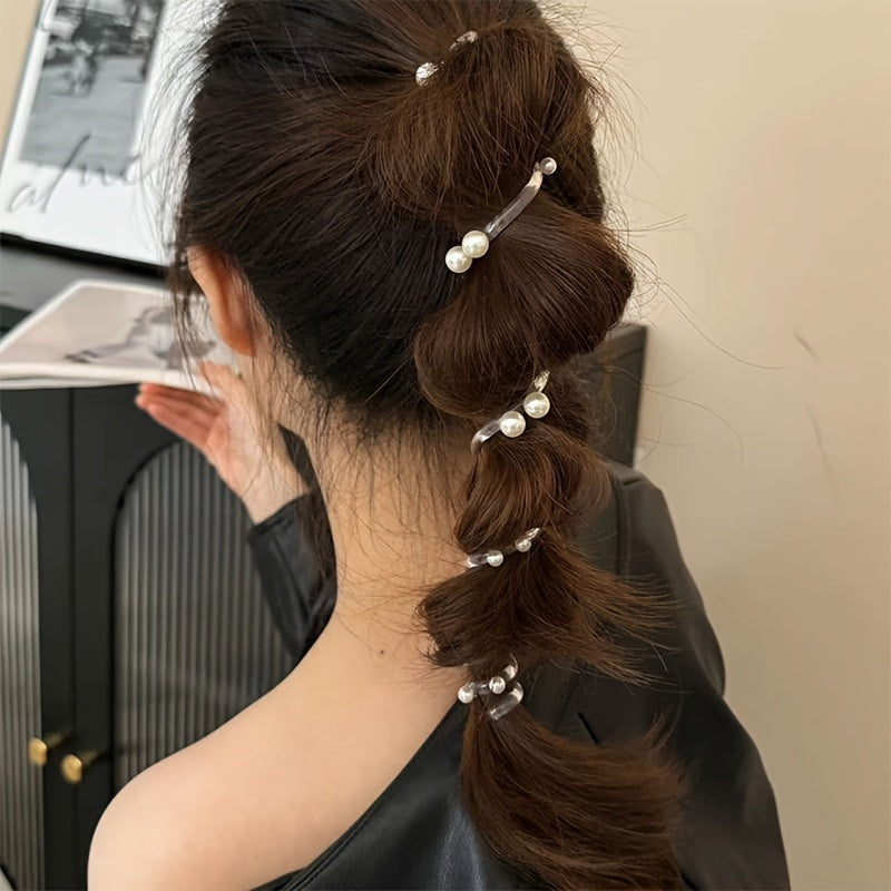 Sweet Style Spiral Hair Ties Faux Pearl Embellished Ponytail Holders