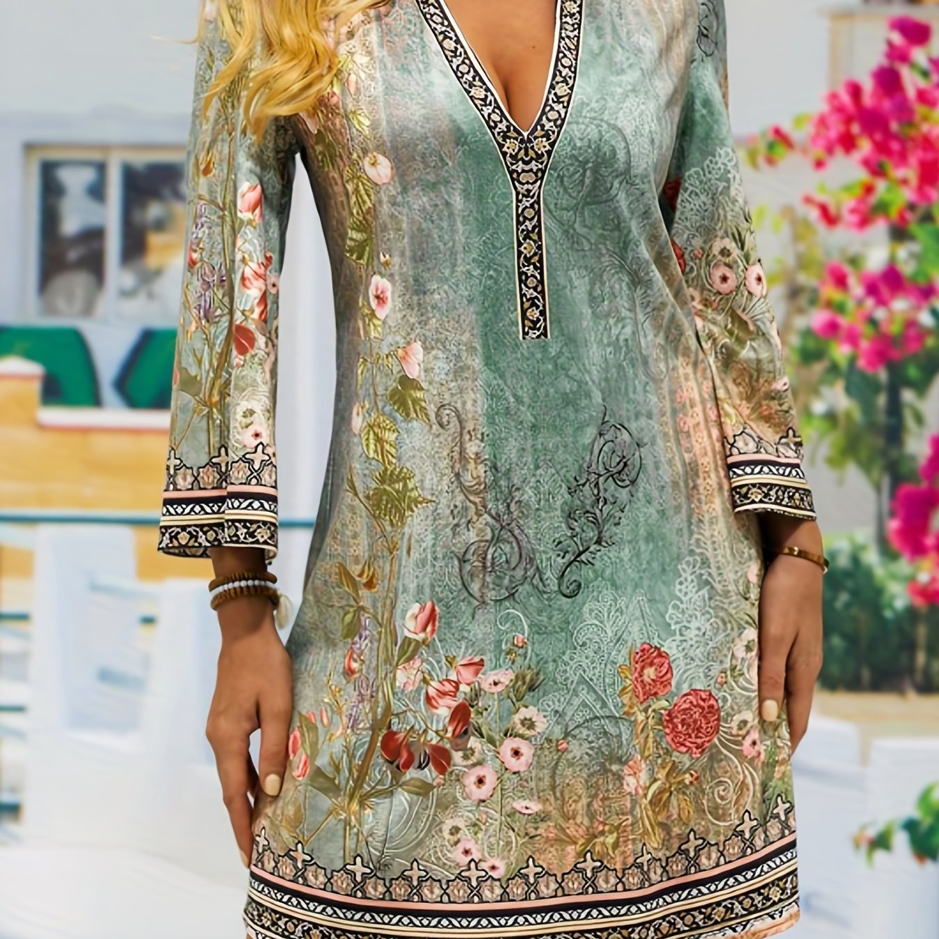 Floral Print Long Sleeve V Neck Mini Dress