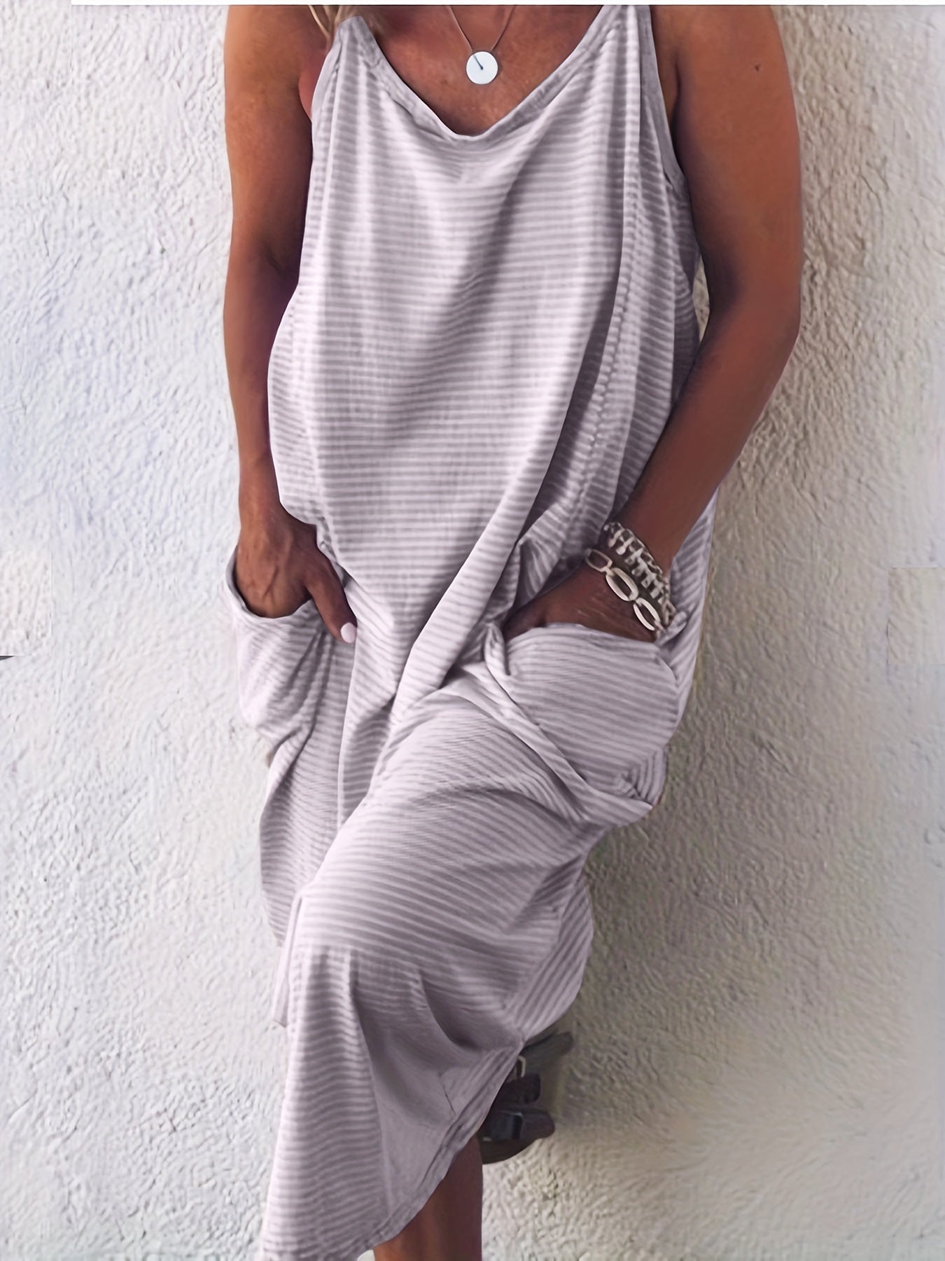 Women's Plus Stripe Print Round Neck Cami Dress