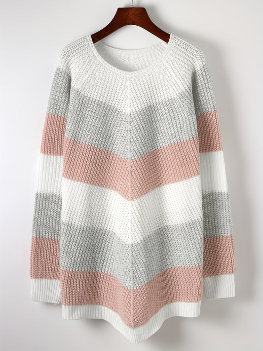  Colorblock Stripe Print Round Neck Jumper