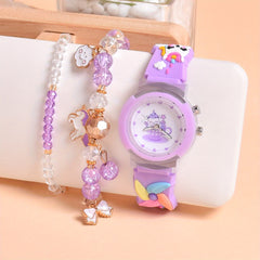 Cute Pony Quartz Watch for Girls with LED Light & Beaded Bracelet Set