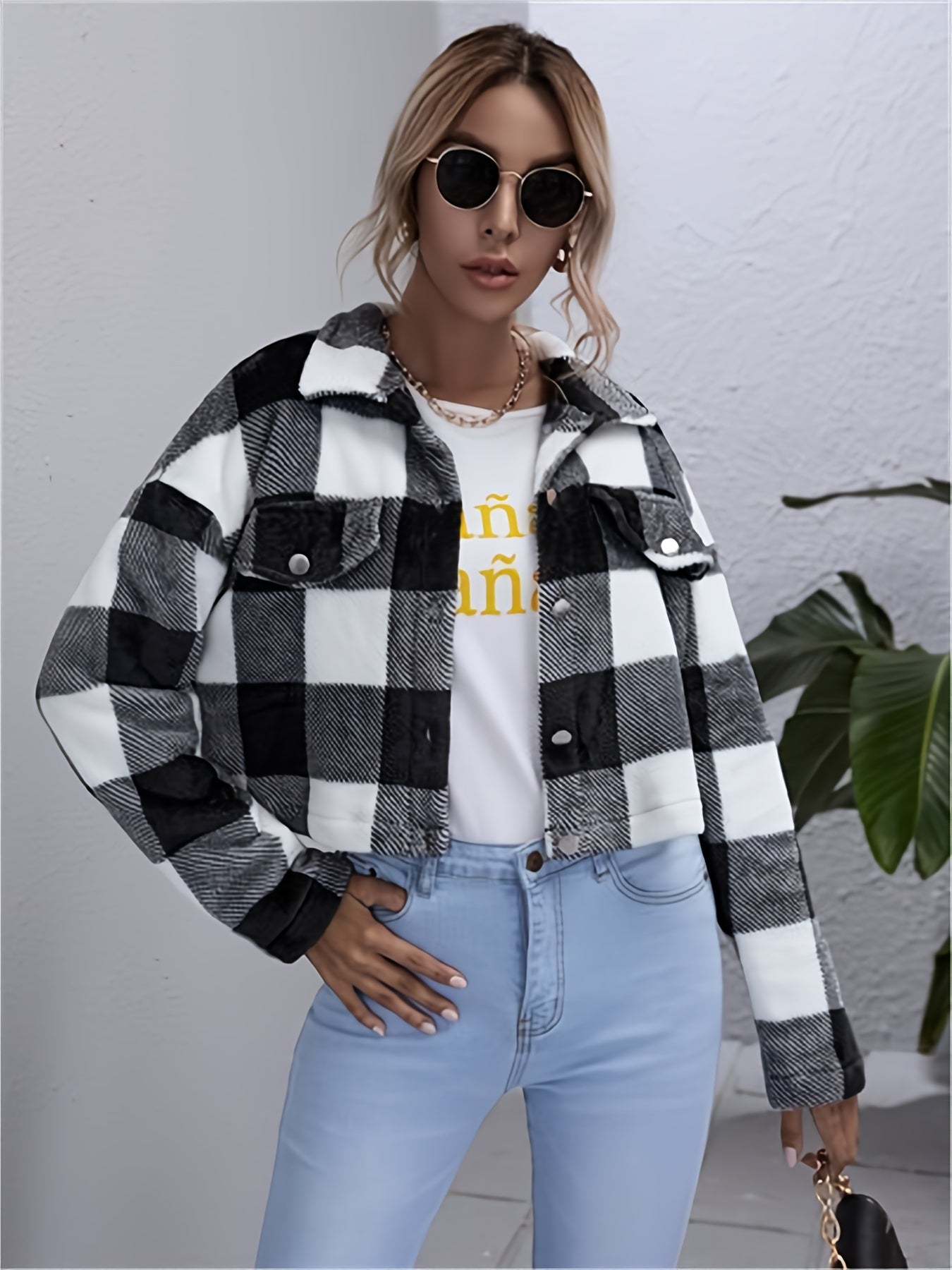 Plaid Lapel Button Jacket Long Sleeve Casual Outerwear Fall & Spring