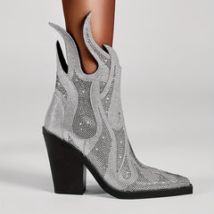 Rhinestone Pointed Toe Ankle Boots Chunky Heels Short Boots