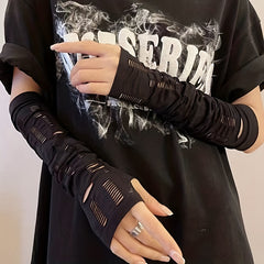 Gothic Fingerless Gloves Ripped Y2K Punk Knit Elastic Gloves