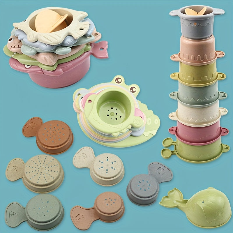 Kids Bath Toys Set - 12/16pcs Water Layer Cup Building Blocks Bathroom Bathing T