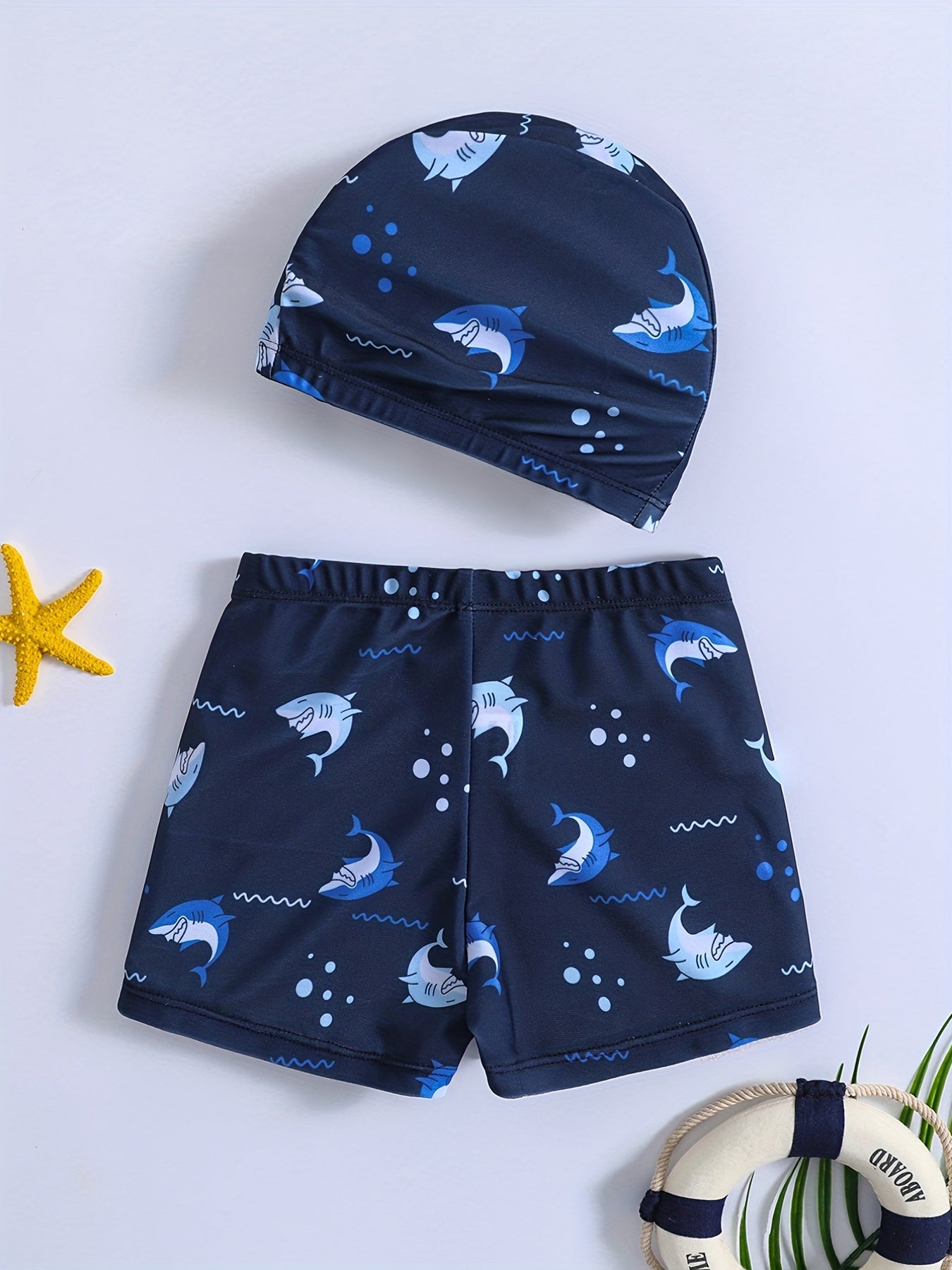 2pcs Boys Shark Print Swim Trunks & Cap Swimsuit Summer Clothes