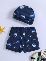 2pcs Boys Shark Print Swim Trunks & Cap Swimsuit Summer Clothes