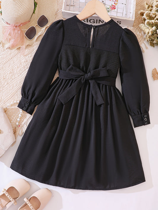 Solid Textured Stitching Long Sleeve Casual Dress For Girls Autumn Outfit