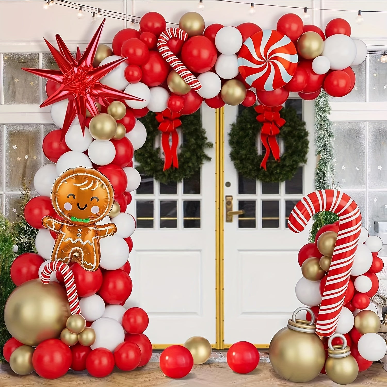Christmas Balloon Garland Arch Kit Red Golden Candy Cane Balloons