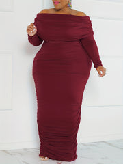  Solid Ruched Off Shoulder Bodycon Midi Dress