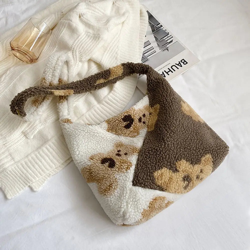 Soft Plush Bear Shoulder Bag Furry Fluffy Tote Crossbody Large Capacity