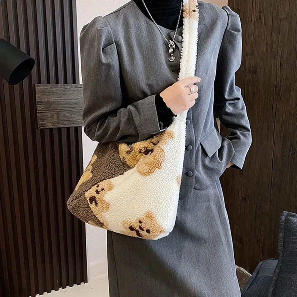 Soft Plush Bear Shoulder Bag Furry Fluffy Tote Crossbody Large Capacity