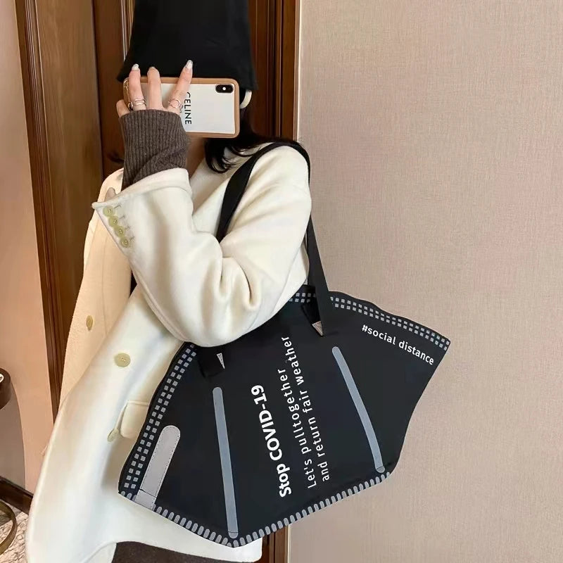 Women Casual Canvas Tote Handbag Letter Print Ladies Shoulder Bag