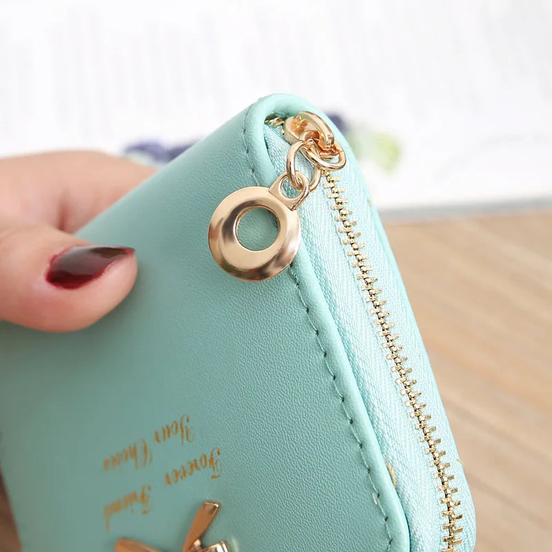 Bow Women Small Leather Wallets Zipper Purses Girls Lady Purse